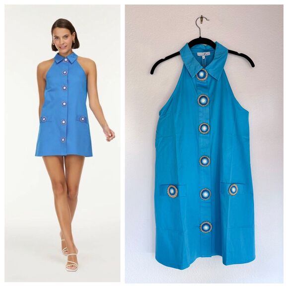 NWT My Beachy Side Amber Hand Crochet Buttons Halter Mini Dress in Blue Medium - Picture 1 of 16